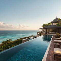 Fototapeta premium Exclusive Tropical Beachfront Villa with Oceanfront Infinity Pool at Golden Hour