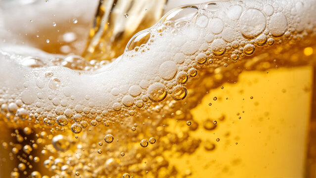 Cinematic macro shot of golden amber liquid pouring with thick white froth foam and splashing bubbles backdrop for commercial beverage branding advertisements.