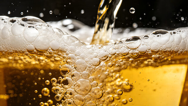 Cinematic macro shot of golden amber liquid pouring with thick white froth foam and splashing bubbles backdrop for commercial beverage branding advertisements.