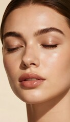 Obraz premium Luxury Beauty Portrait of Young Woman with Glowing Skin and Closed Eyes in Warm Sunlight