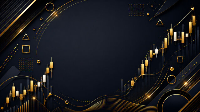 Luxury dark background with golden stock market candlestick chart and geometric