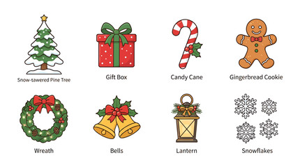 Fototapeta premium Set of colorful Christmas holiday icons featuring traditional festive elements and winter decorations.