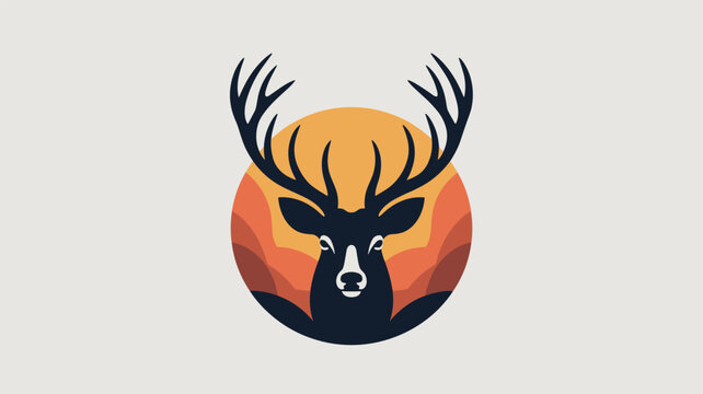 Minimalist deer head logo design with impressive antlers set against warm sun and mountain silhouette in clean flat vector style.