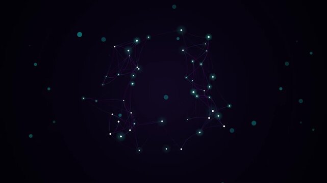 Abstract 4K digital network plexus animation featuring glowing cyan and white nodes connected by thin purple lines forming geometric constellations on a dark background.