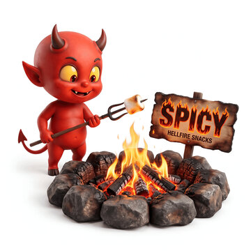 Cute 3D red devil roasting marshmallow over fire for spicy snacks.