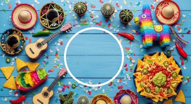 Vibrant mexican fiesta party decorations on blue wood background