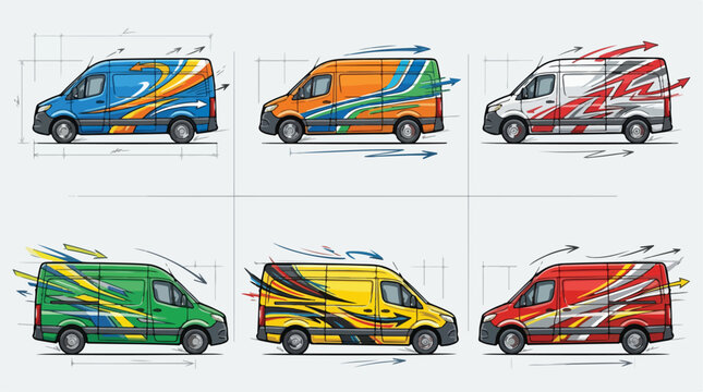 Modern van wrap design collection, set of 6 commercial vehicle branding templates, dynamic racing stripes and abstract car decals for transport fleet