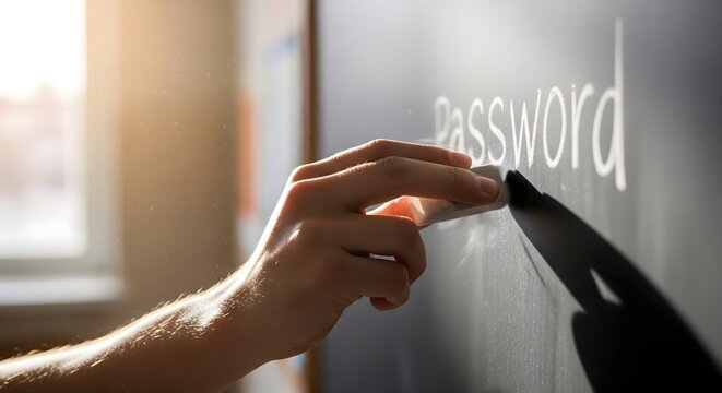 Hand erasing the word password written in white chalk on a black board