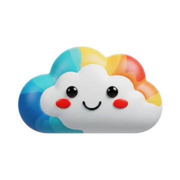 3D colorful rainbow cloud with cheerful face on white background