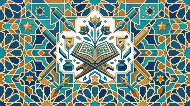 Islamic geometric pattern with open book and calligraphy tools