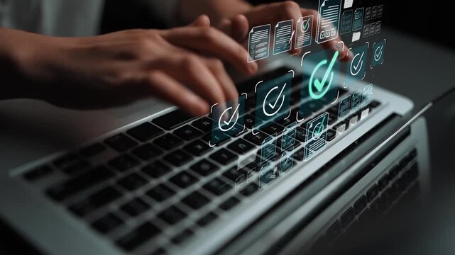 Close-up of hands typing on a modern laptop keyboard with digital interface and checkmark icons, symbolizing productivity and technology in a professional environment Sigmoid