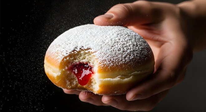Hand holding a bitten jam filled donut with powdered sugar dusting