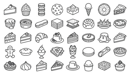 A collection of 55 black and white isometric illustrations of various desserts and sweet treats, including cakes, cookies, pastries, and ice cream.