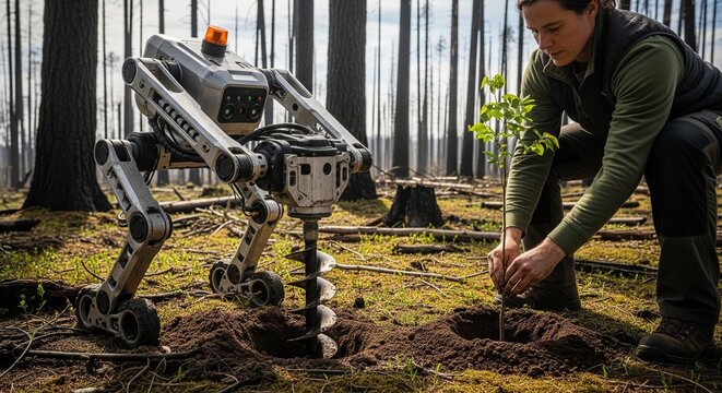 Scientist interacting with advanced robotic quadruped exploring outdoor terrain
