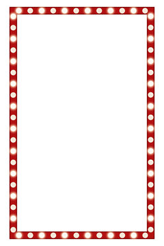 Retro red marquee light frame with glowing bulbs, vertical blank theater sign vector illustration