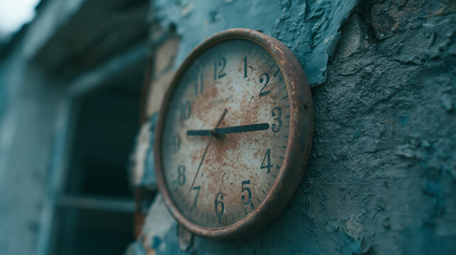 rusty clock on distressed blue wall showing 2 55.