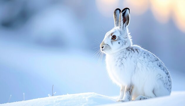 White snowshoe hare in winter snow with soft blue light and bokeh background