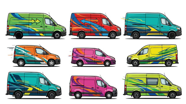 Modern cargo van wrap designs, set of 9 commercial vehicle branding templates, colorful abstract car decals for delivery fleet identity
