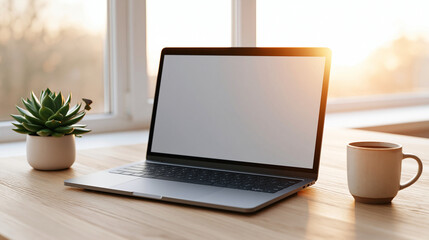 Fototapeta premium Silver laptop computer with succulent plant and ceramic mug on wooden desk.