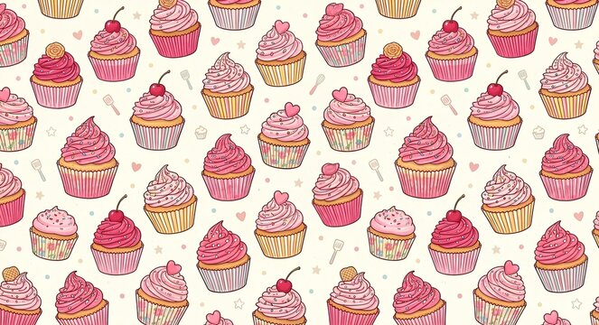 seamless pattern strawberry cupcake with cream and fruit