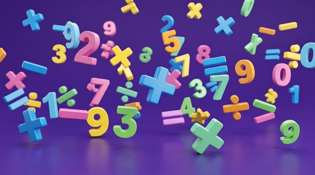 Colorful 3D numbers and mathematical symbols floating on purple background