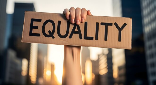 Hand holding a cardboard sign with equality text during a city protest