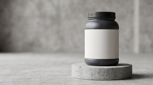 Blank label black plastic protein powder jar mockup on a round concrete podium. Fitness supplement packaging presentation.