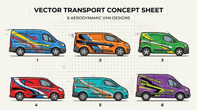 Aerodynamic van designs with racing decals, set of 6 vector transport concept vehicles, commercial delivery van branding mockups