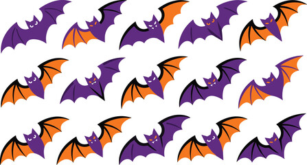 Fototapeta premium Cute Halloween bat sticker set collection vector illustration with various spooky purple and orange designs