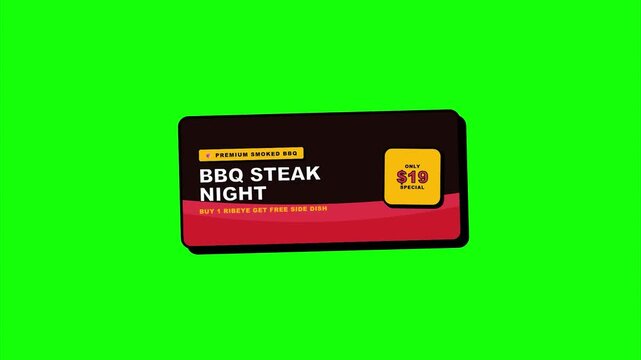 BBQ Steak Night Promotional Banner Flat Cartoon Illustration Green Screen Chroma Key for Restaurant Marketing and Digital Advertising Asset