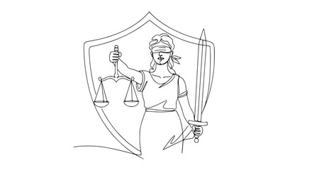 Obraz premium Lady Justice, Scales of Justice, Sword, Blindfold, Shield, Legal Symbol, Continuous Line Drawing