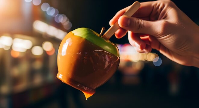 Hand holding a delicious caramel apple at a night carnival fair