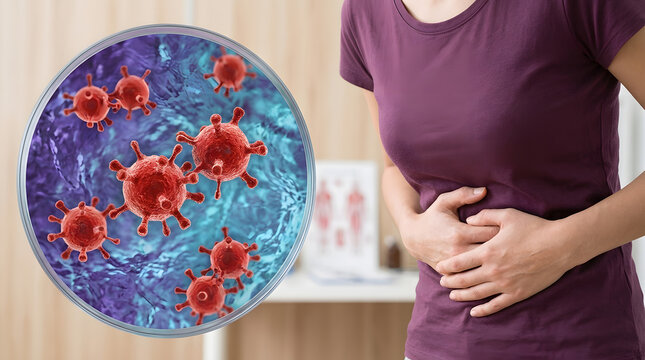 Person with Stomach Pain and Magnified Virus Bacteria Illustration