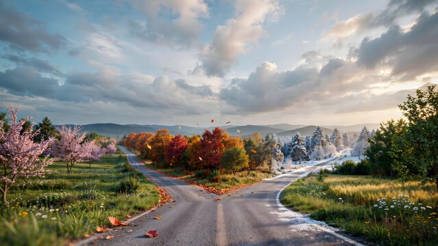 A scenic road diverging through four seasons across a landscape