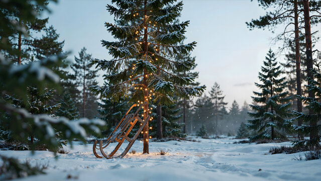 A vintage wooden sledge leaning against a lit pine tree in a snowy forest