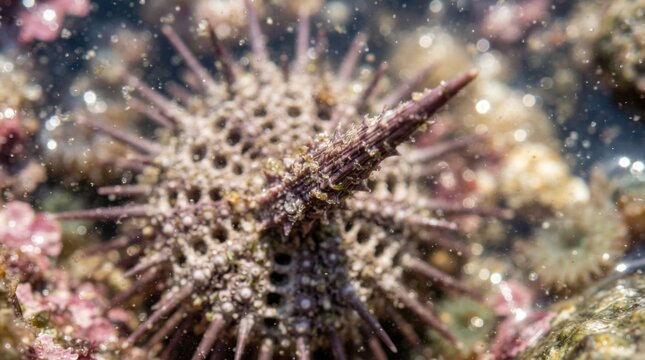 Long Spined Sea Urchin on Colorful Coral Reef in Underwater Macro