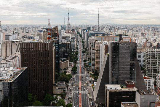 Avenida Paulista with television towers on the horizon, Sao Paulo, Brazil