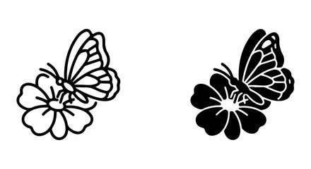 Fototapeta premium Elegant Butterfly and Flower Vector Icons, Delicate Insect and Bloom Graphics, Nature Motifs, Black and White Designs