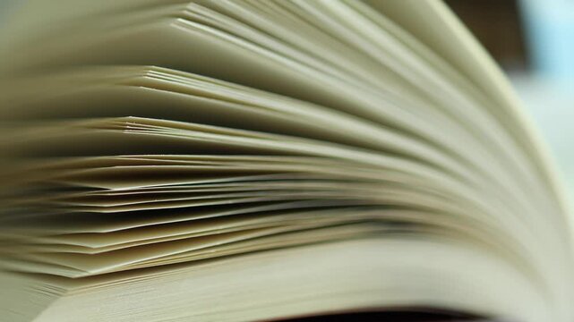 Horizontal 4K extreme macro abstract video focusing on the stacked paper page edges and spine of an open book creating leading lines
