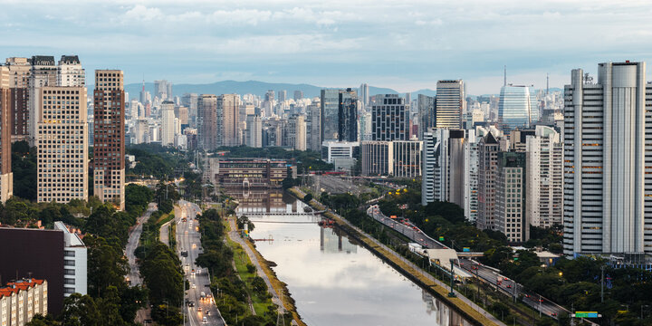 City skyline and Pinheiros River panorama, Sao Paulo, Brazil