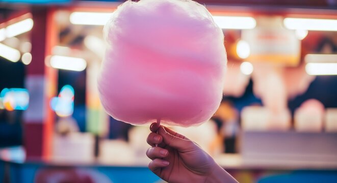 Hand holding a fluffy pink cotton candy at an amusement park carnival