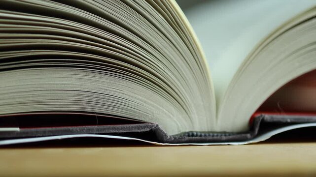 Horizontal 4K low angle macro video showing the side cover edge and spine of an open book on a wooden desk in abstract detail