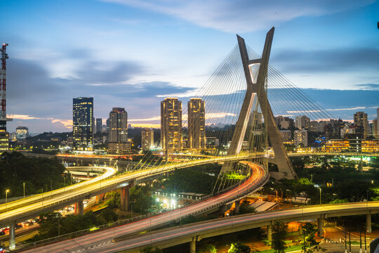Octavio Frias de Oliveira bridge illuminated at twilight with light trails, Sao Paulo, Brazil