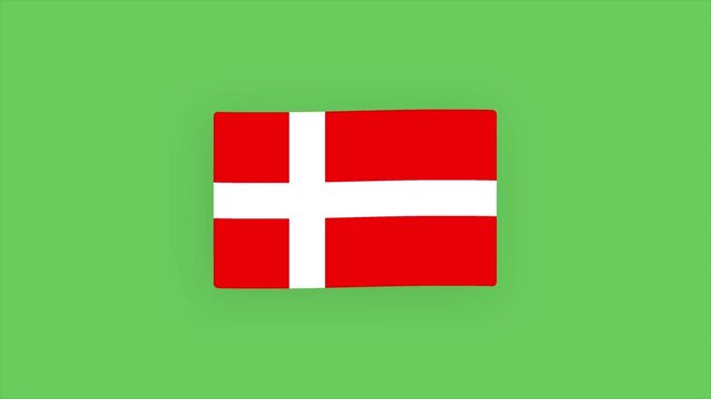 Animated cartoon formation and gentle waving loop of the Denmark national flag (Dannebrog) with white Nordic cross on a red background on a green screen chroma key background