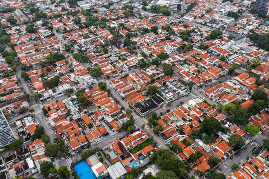 Aerial view of a residential neighborhood with red rooftops, Sao Paulo, Brazil