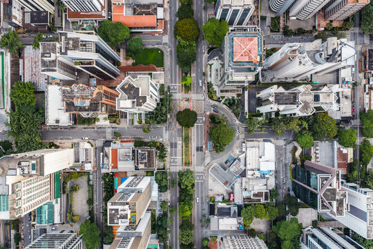 Tree-lined avenue and intersection from above, Sao Paulo, Brazil