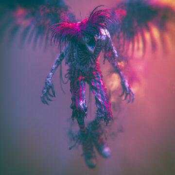 Dark winged demon entity standing in mysterious foggy crimson atmosphere
