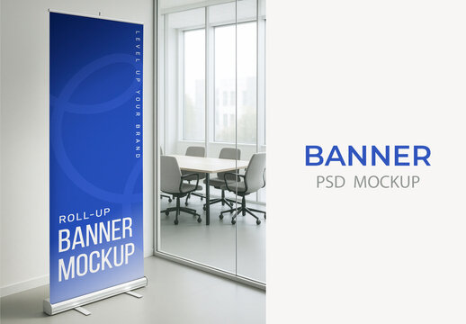 Roll Up Banner Mockup In Modern Office Setting PSD