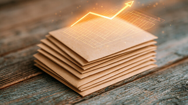 Stack of envelopes with glowing growth chart arrow showing financial success on wooden surface.