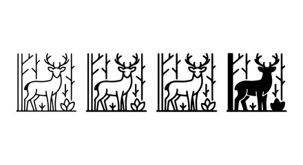 Fototapeta premium Deer in Forest Silhouette Vector Icons, Minimalist Woodland Animal Graphics, Nature Scene Illustrations